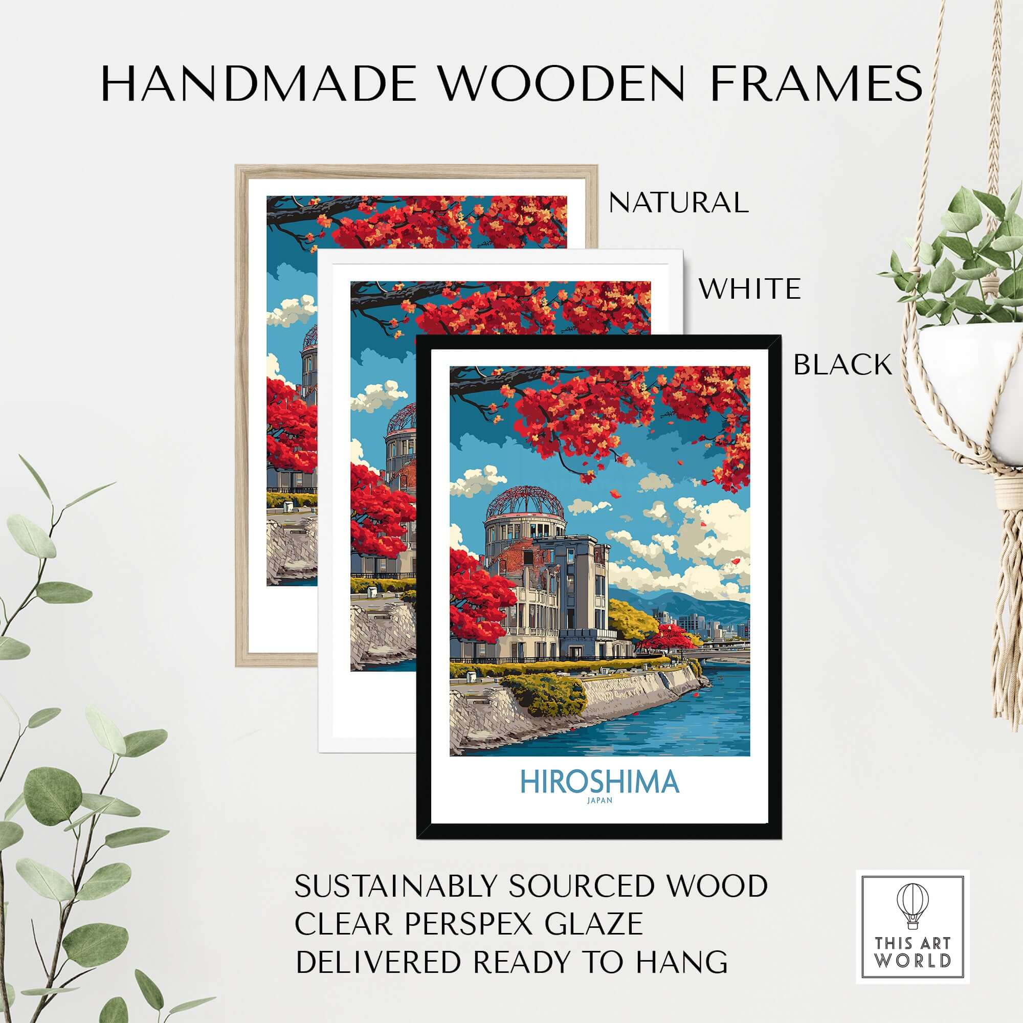 Hiroshima Japan Genbaku Dome Poster - Historic Landmark Decor in handmade wooden frames, showcasing vibrant colors and details.