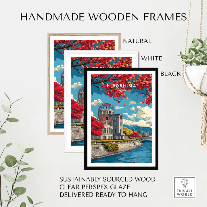 Handmade wooden frames in natural, white, and black for Hiroshima wall art, made from sustainably sourced wood.