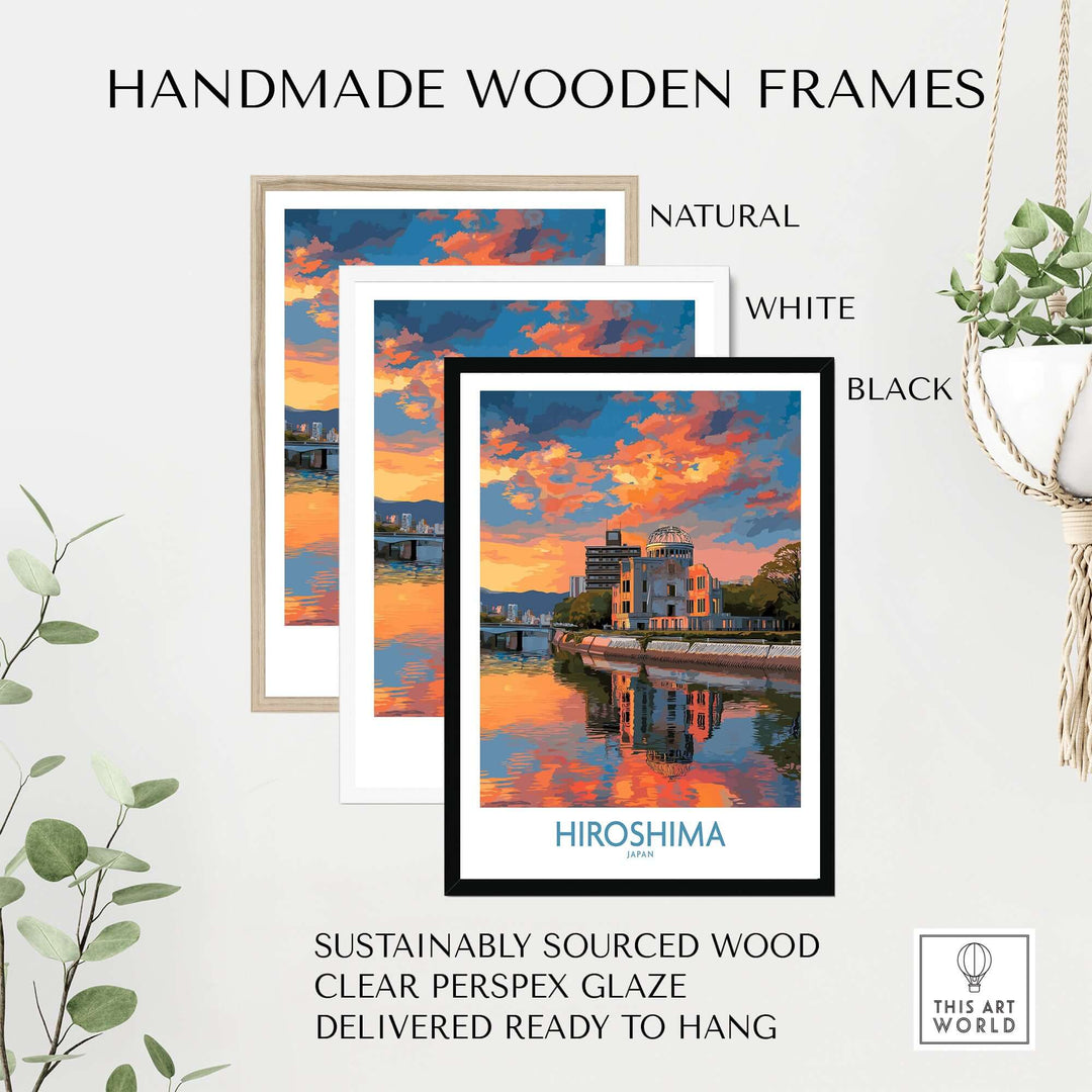 Handmade wooden frames in natural, white, and black showcasing a Hiroshima cityscape print, ready to hang.