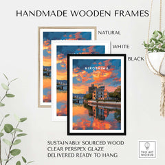 Hiroshima Japan Sunset Poster - Vibrant Sky Wall Art displayed in handmade wooden frames in natural, white, and black options.