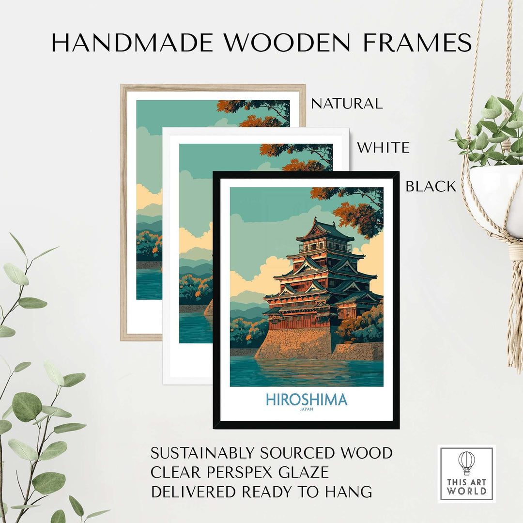 Hiroshima wall art with handmade wooden frames in natural, white, and black finishes, ready to hang.