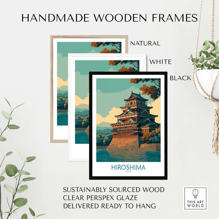 Hiroshima wall art with handmade wooden frames in natural, white, and black finishes, ready to hang.