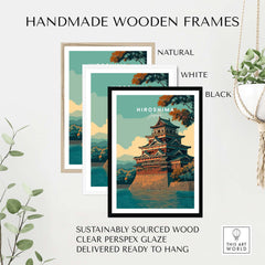 Hiroshima Print Japan - Historic Japanese Architecture Poster in handmade wooden frames, available in natural, white, and black.