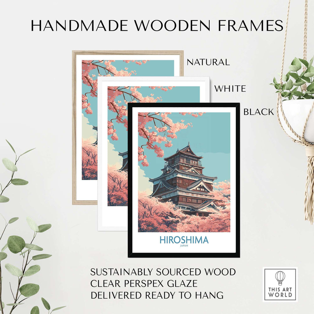 Handmade wooden frames in natural, white, and black for Hiroshima cherry blossom art print, ready to hang.