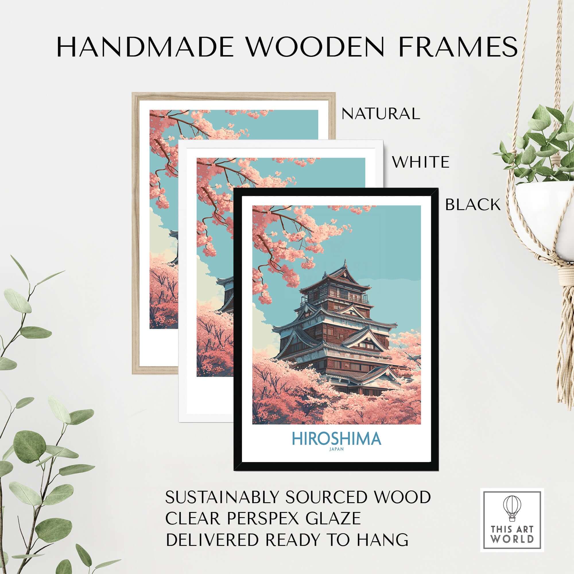 Hiroshima Wall Art Print Japan Cherry Blossom Poster in handmade wooden frames, available in natural, white, and black.