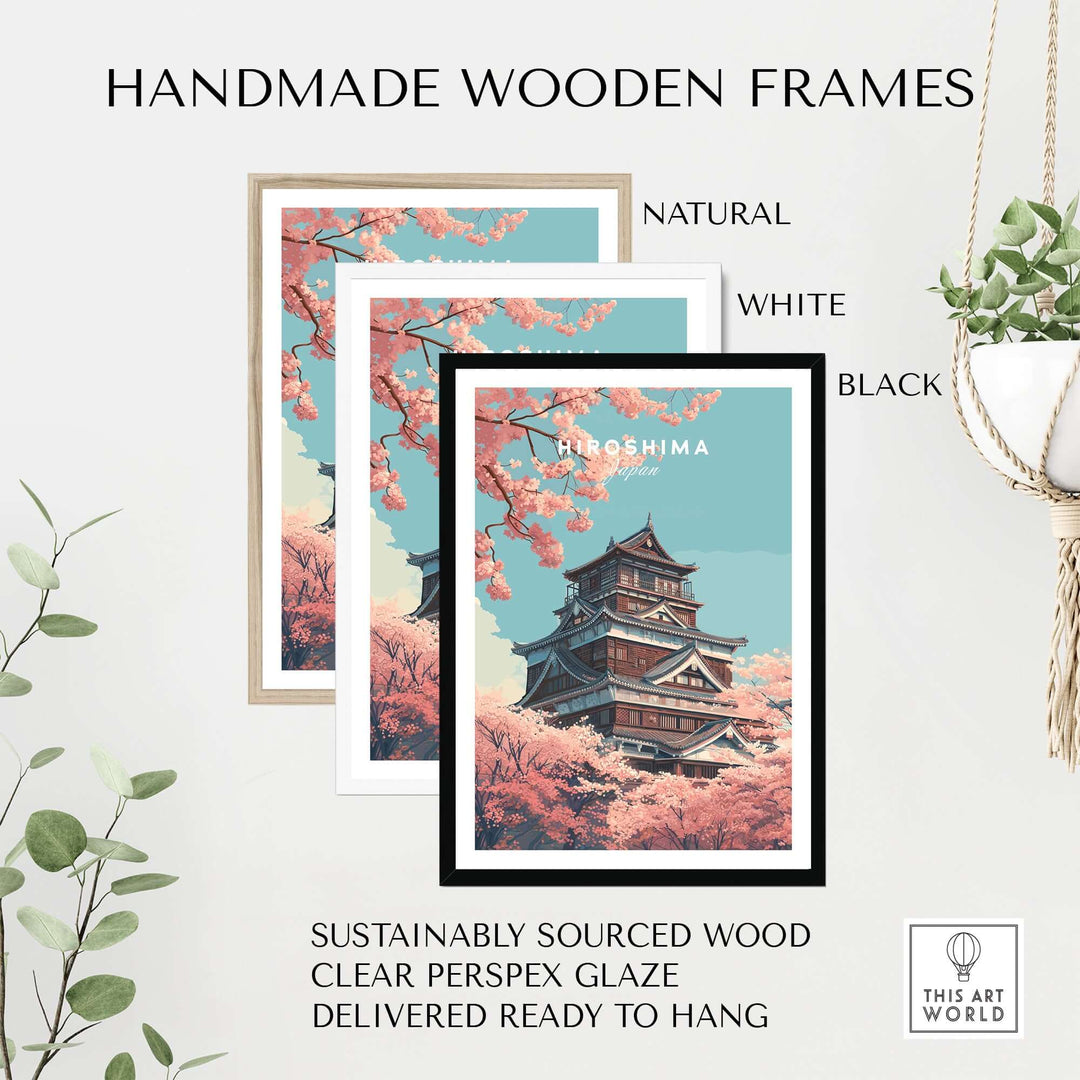 Handmade wooden frames in natural, white, and black, showcasing a Hiroshima Cherry Blossom poster.