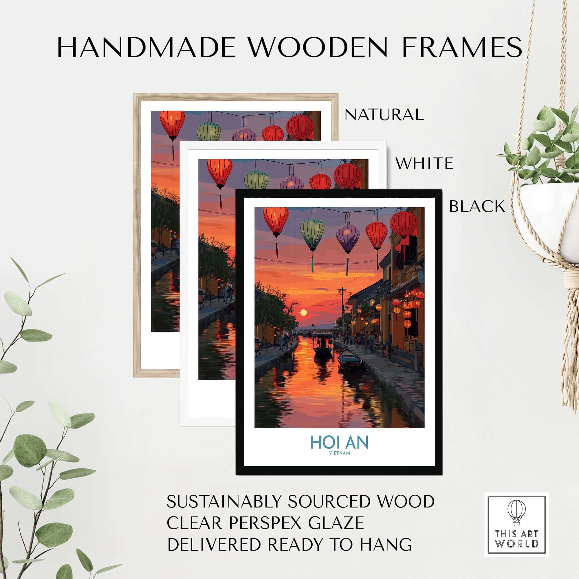 Hoi An Wall Art Vietnam - River Boats Poster framed in natural, white, and black handmade wooden frames with a serene riverside scene.