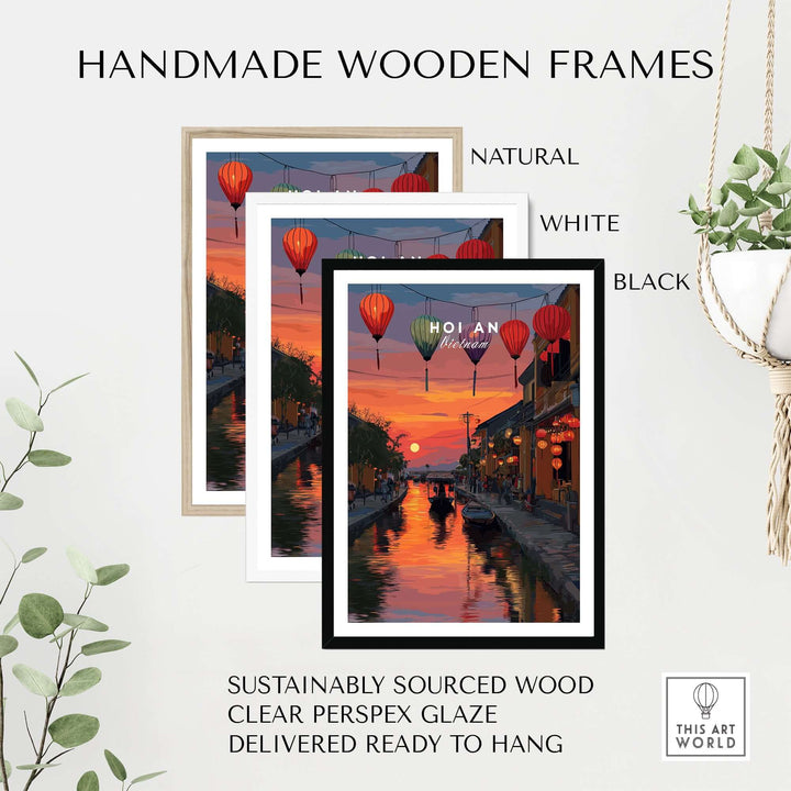 Handmade wooden frames in natural, white, and black for Hoi An Lantern Festival sunset print, sustainably sourced wood.