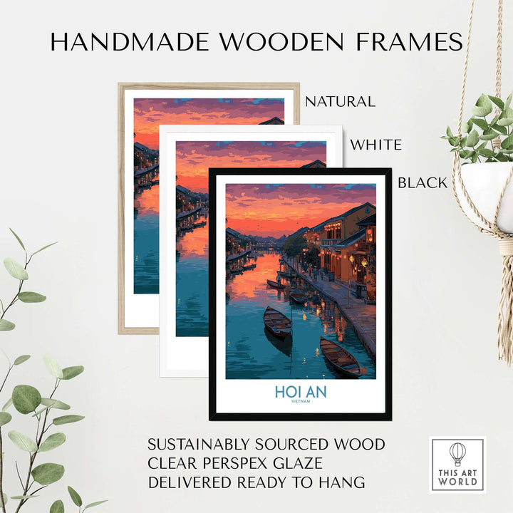 Hoi An print poster in handmade wooden frames, showcasing vibrant colors and sunset reflection, ready to hang.