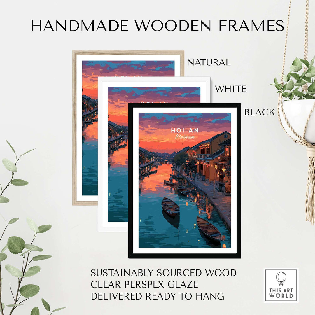 Handmade wooden frames in natural, white, and black for Hoi An Vietnam poster, featuring sustainably sourced wood.