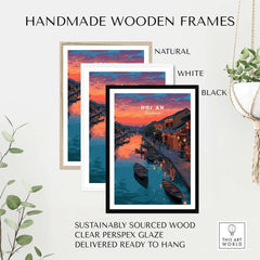 Hoi An Vietnam Poster - Ancient Town Wall Art displayed in handmade wooden frames in natural, white, and black finishes.