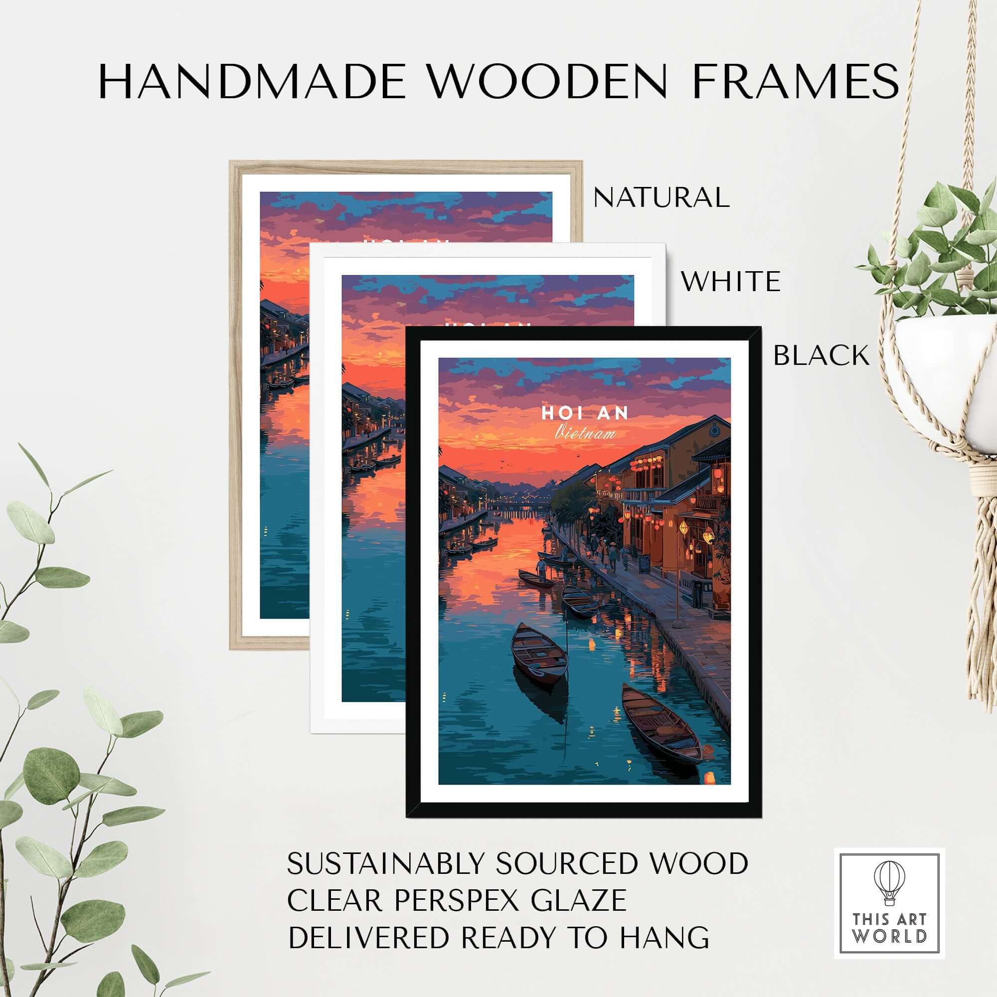 Hoi An Vietnam Poster - Ancient Town Wall Art displayed in handmade wooden frames in natural, white, and black finishes.