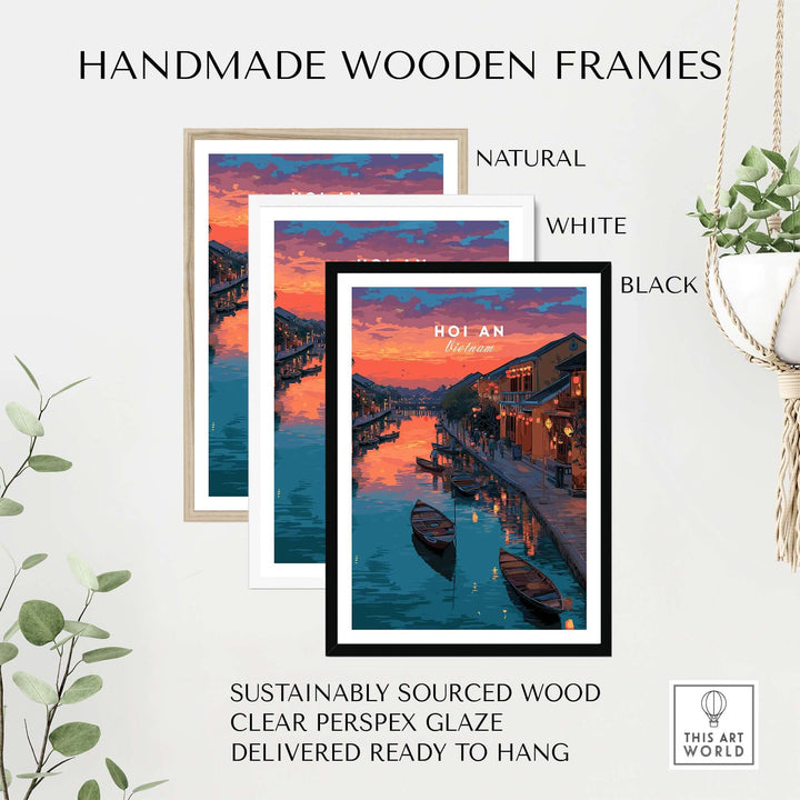 Handmade wooden frames in natural, white, and black for Hoi An Vietnam poster, featuring sustainably sourced wood.