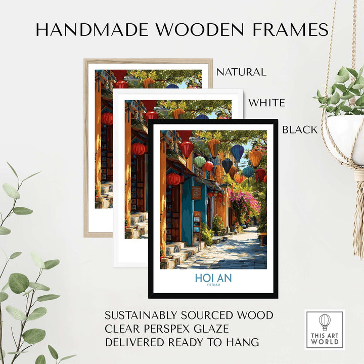 Handmade wooden frames in natural, white, and black for Hoi An Vietnam art print, ready to hang, sustainably sourced wood.