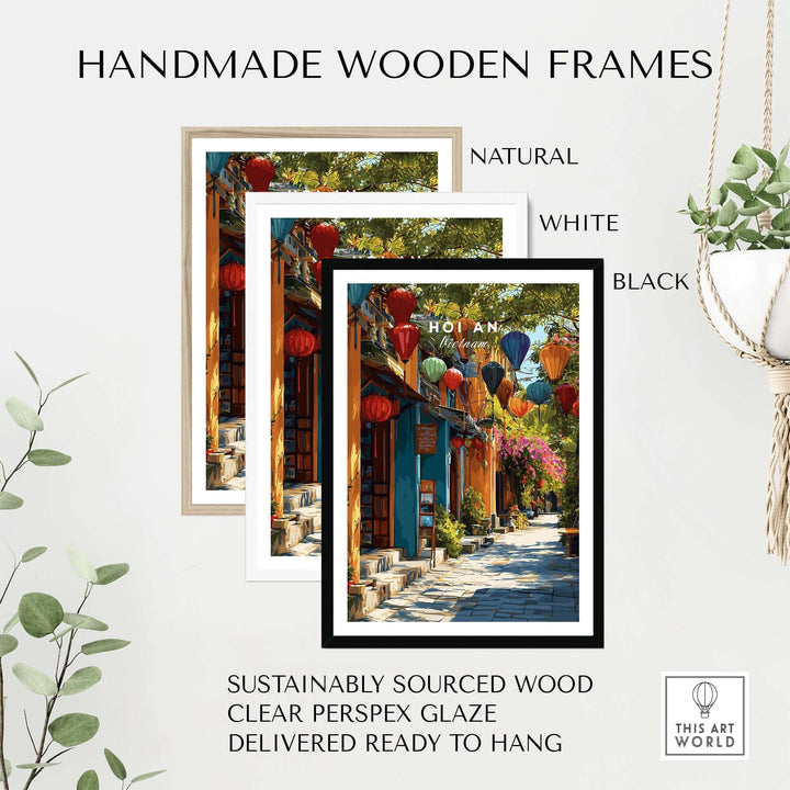 Handmade wooden frames in natural, white, and black colors for Hoi An Vietnam poster.