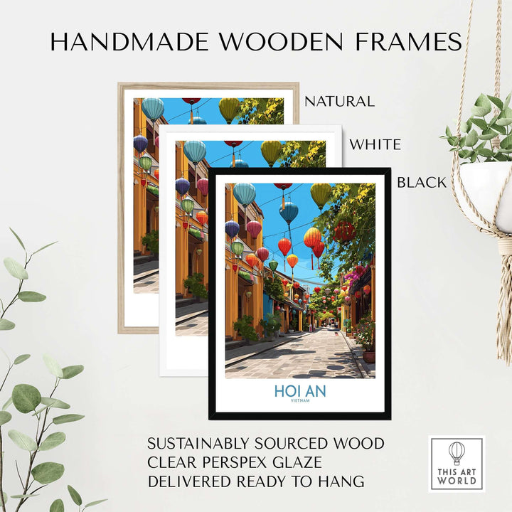 Handmade wooden frames in natural, white, and black for Hoi An lantern wall art, sustainably sourced and ready to hang.