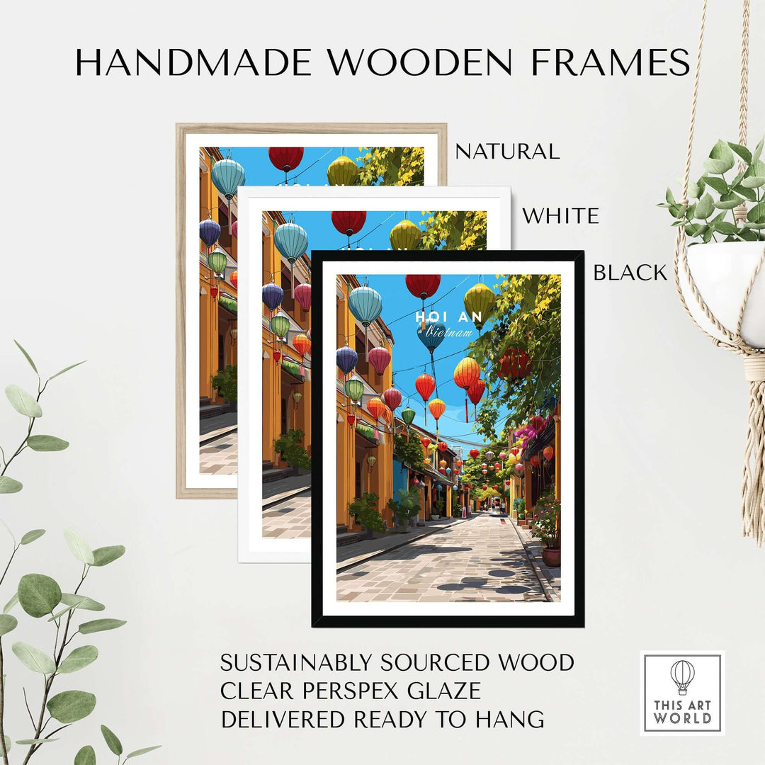Handmade wooden frames in natural, white, and black showcasing Hoi An Lantern Street poster.