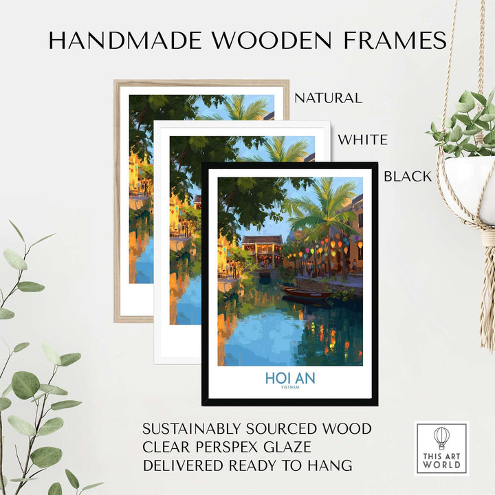 Handmade wooden frames for Hoi An Vietnam wall art in natural, white, and black finishes, ready to hang.