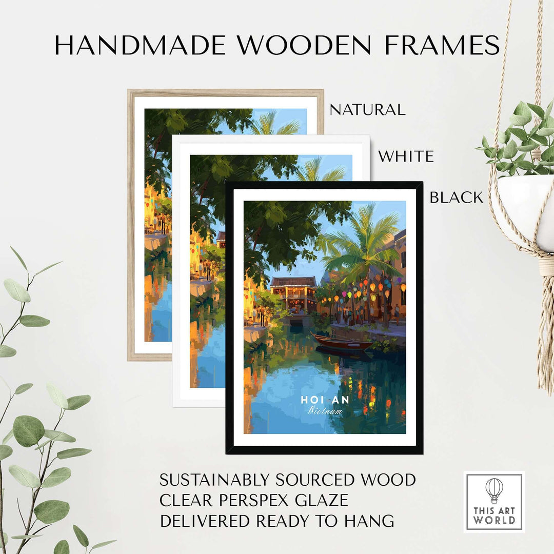 Handmade wooden frames in natural, white, and black for Hoi An Vietnam Night Print, made from sustainably sourced wood.