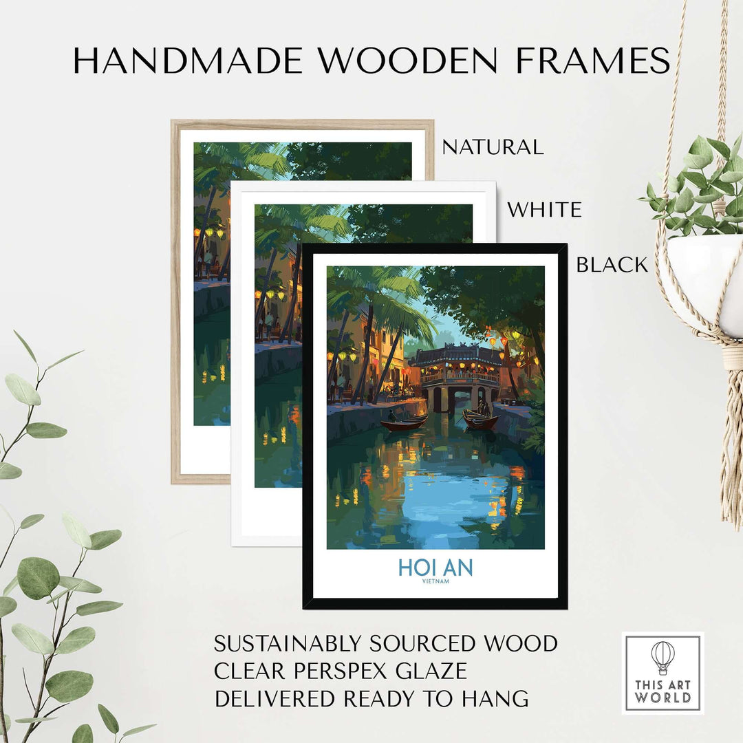 Handmade wooden frames in natural, white, and black colors for Hoi An river scene artwork, sustainably sourced and ready to hang.