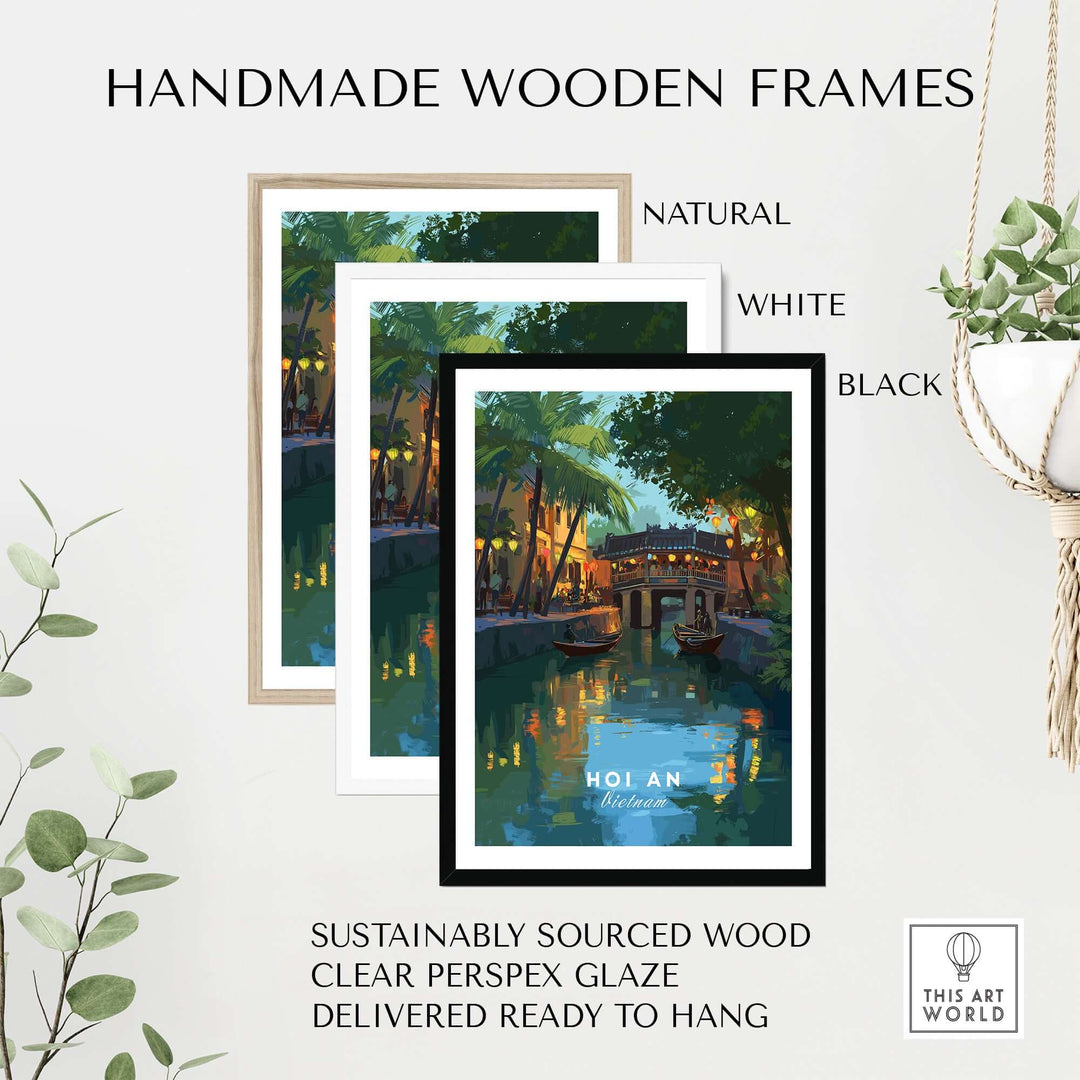 Handmade wooden frames showcasing Hoi An Vietnam poster in natural, white, and black options, ready to hang.