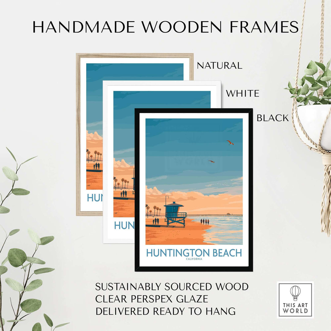 Handmade wooden frames in natural, white, and black for Huntington Beach surfing poster, ready to hang.
