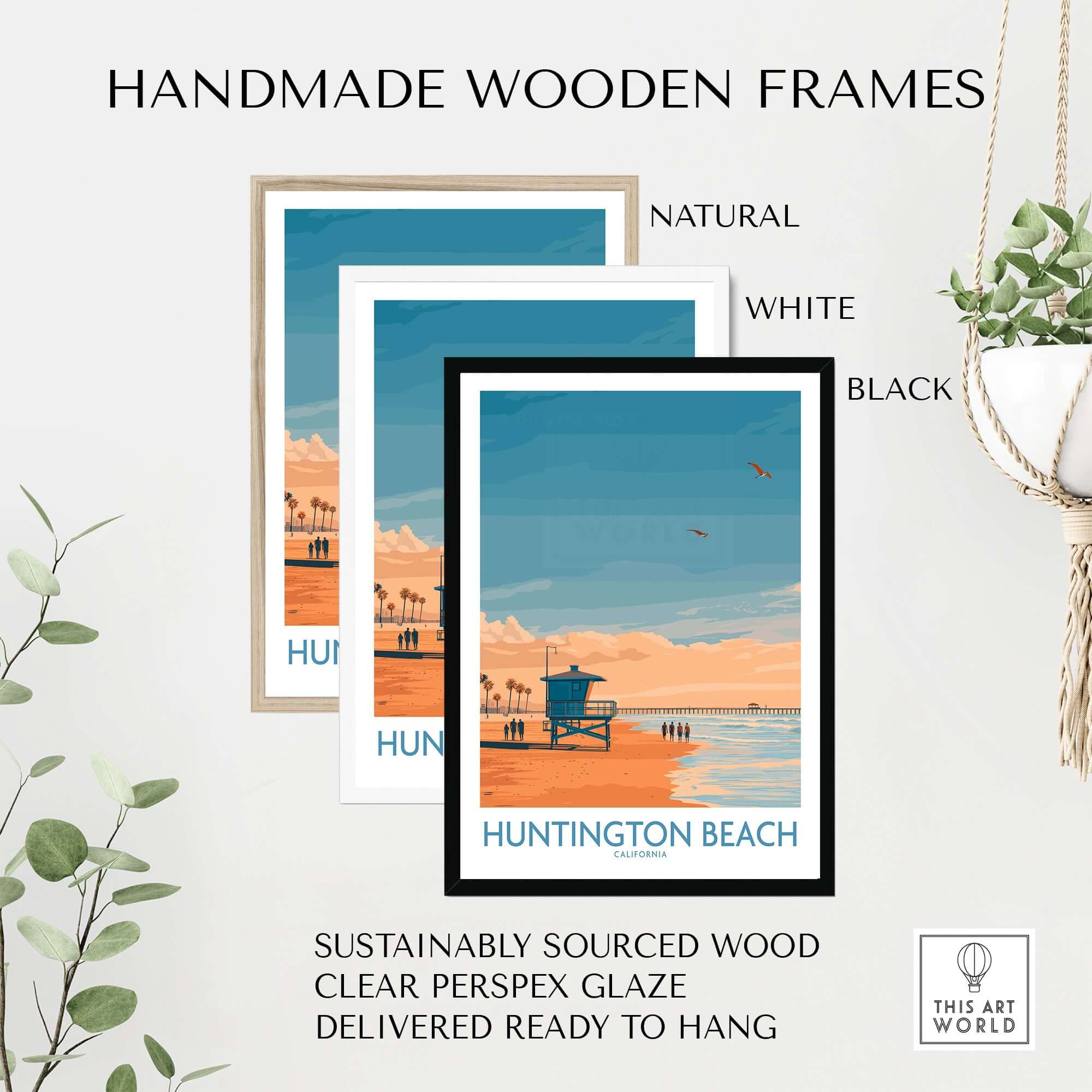Huntington Beach Surfing Beach Poster - California Travel Decor in handmade wooden frames, showcasing natural, white, and black options.