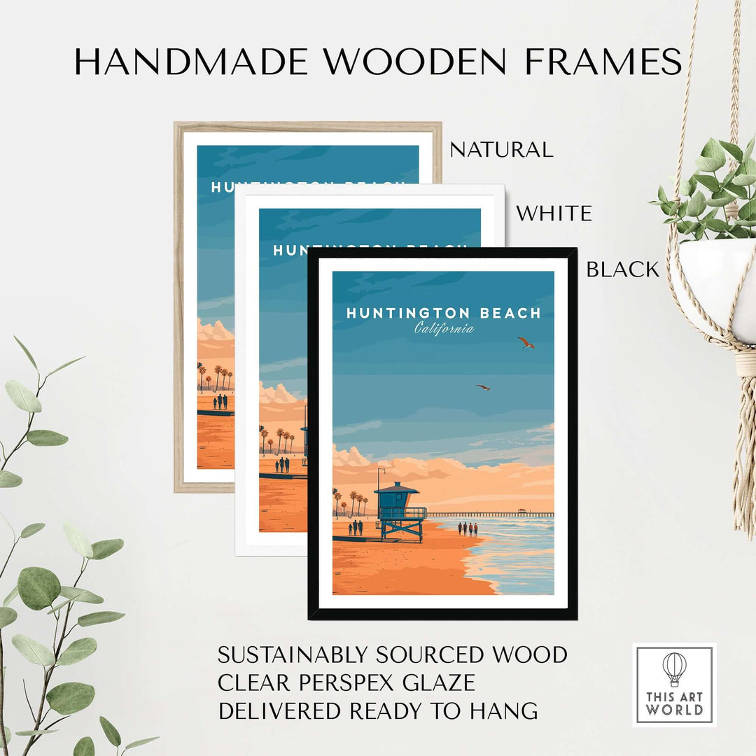 Handmade wooden frames in natural, white, and black for Huntington Beach California sunset print, ready to hang.