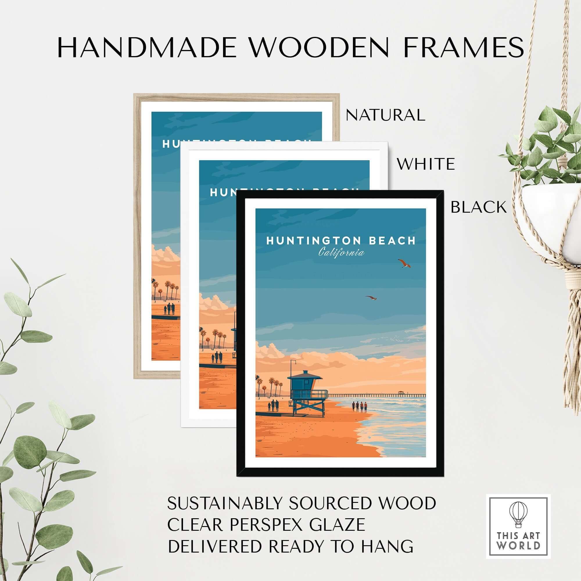 Huntington Beach Lifeguard Tower Print - California Sunset Wall Art framed in natural, white, and black handmade wooden frames.