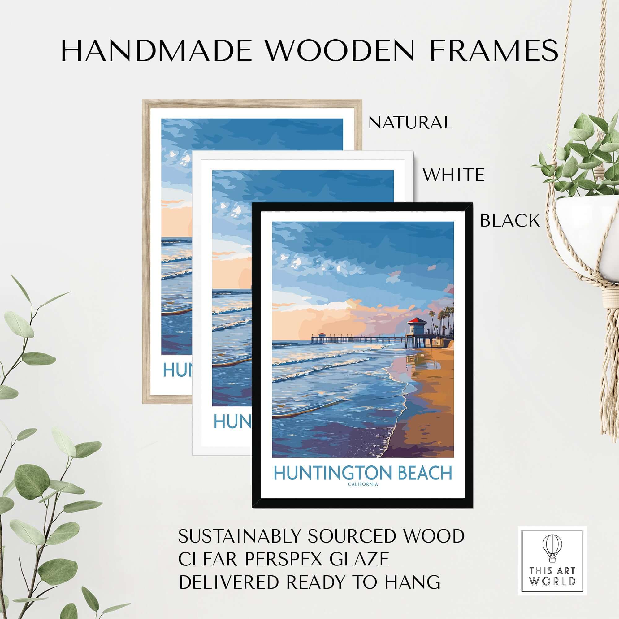Huntington City Beach Orange County Poster - Surfing City Wall Art with handmade wooden frames in natural, white, and black.