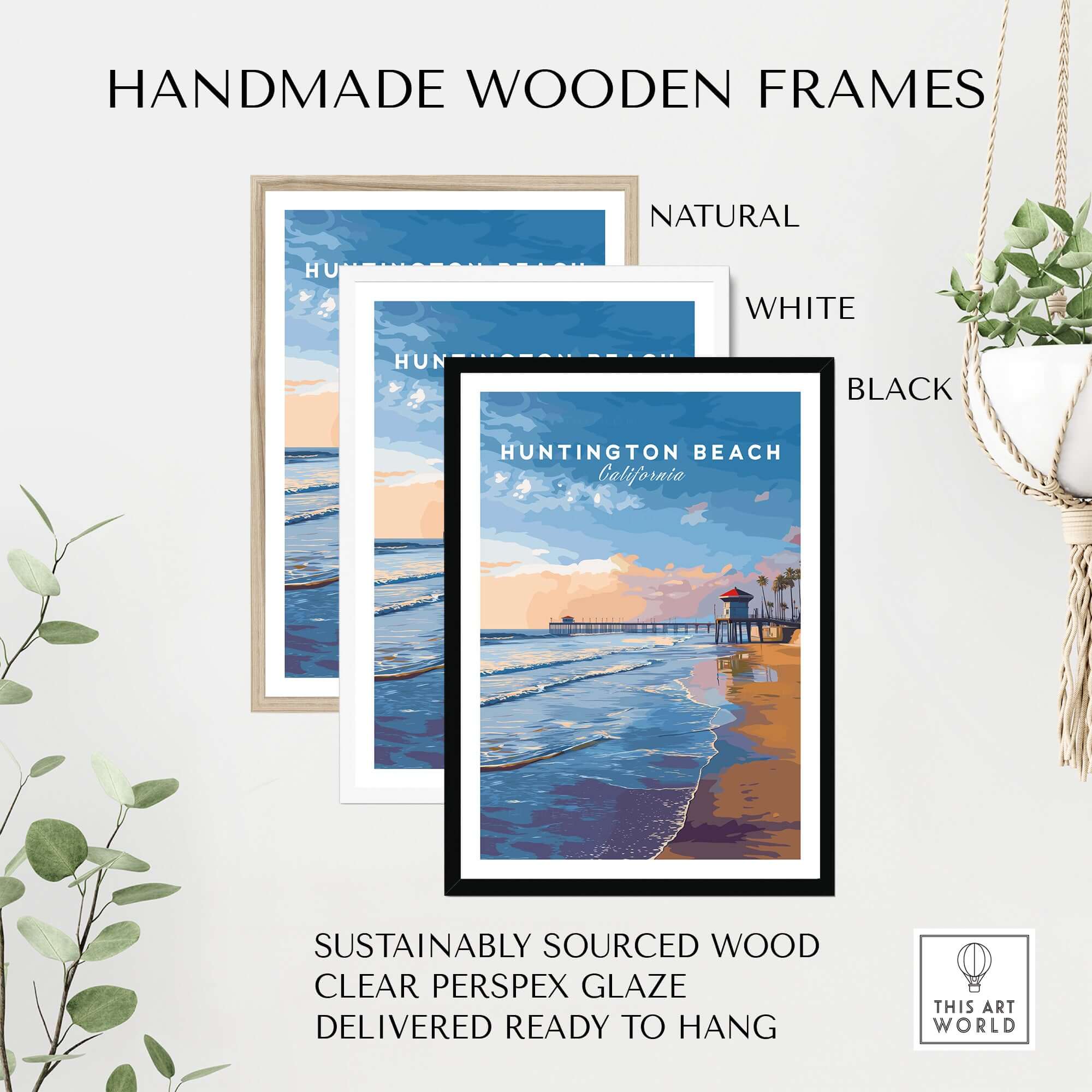 Huntington Beach Pier at Sunset Poster - Coastal California Wall Art displayed in handmade wooden frames in natural, white, and black finishes.