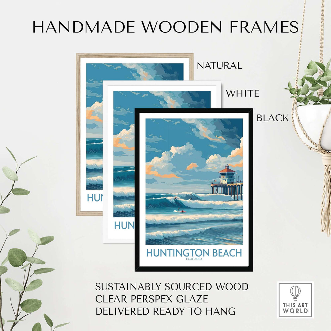Huntington Beach California surfing poster in handmade wooden frames - natural, white, and black options.