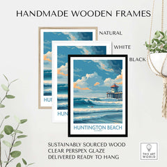 Huntington Beach California Surfing Poster - California Beach Print in handmade wooden frames: natural, white, black.