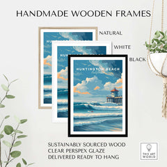 Huntington Beach Surfers Catching Waves Print - California Surfing Wall Art in handmade wooden frames