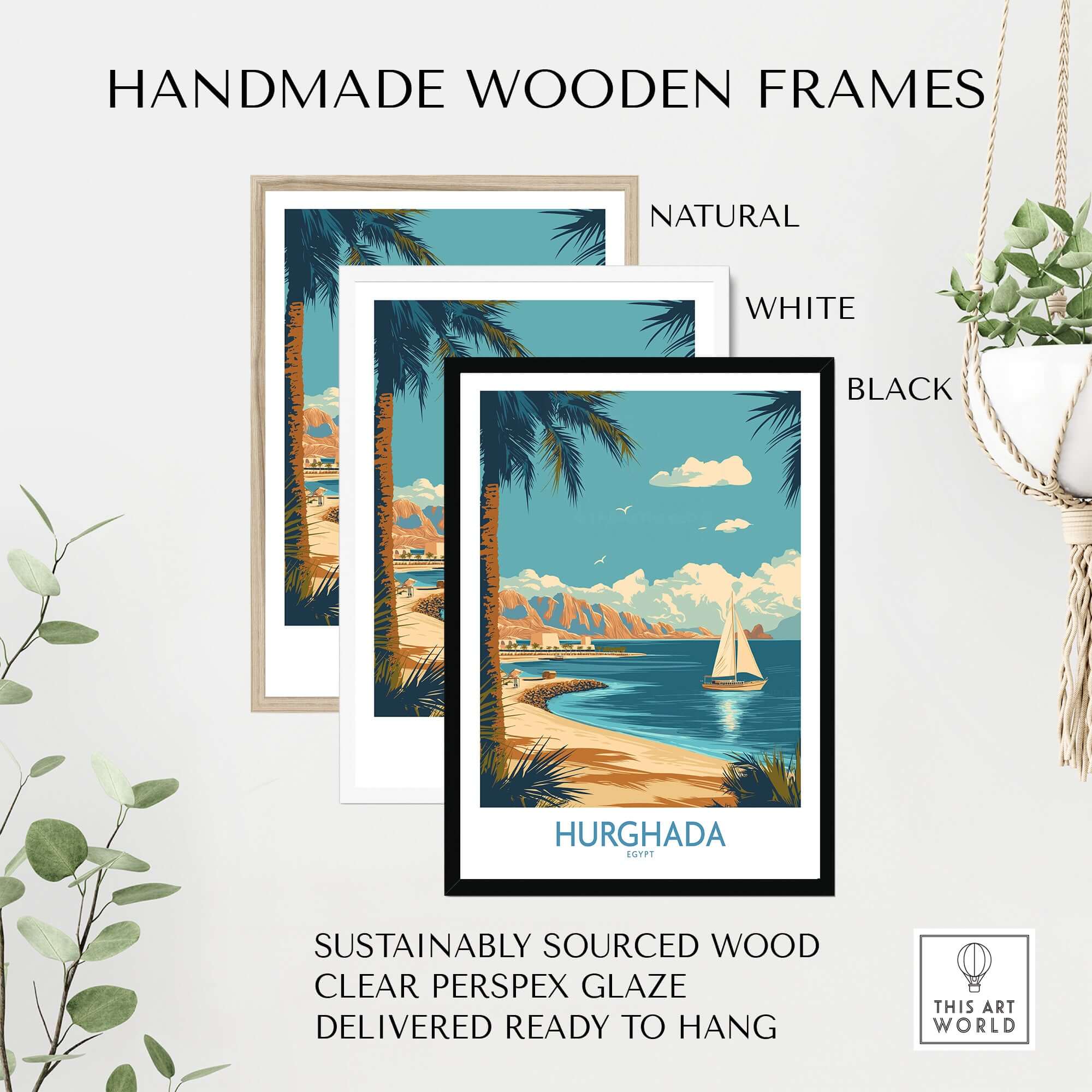 Hurghada Egypt Poster - Egyptian Coastal Decor in handmade wooden frames, available in natural, white, and black.