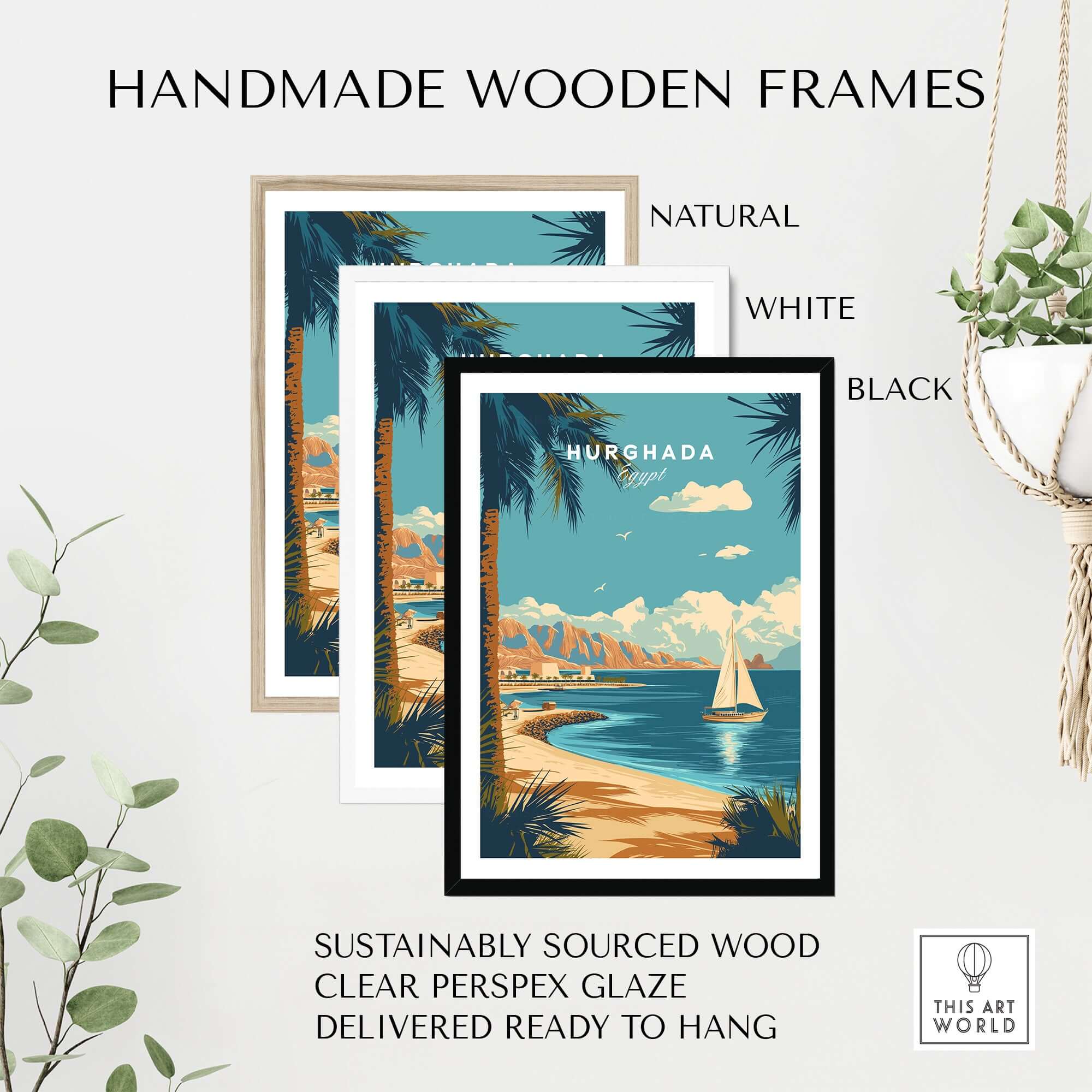 Hurghada Egypt Red Sea Beach Print - Tropical Resort Wall Art in handmade wooden frames, showcasing natural, white, and black options.