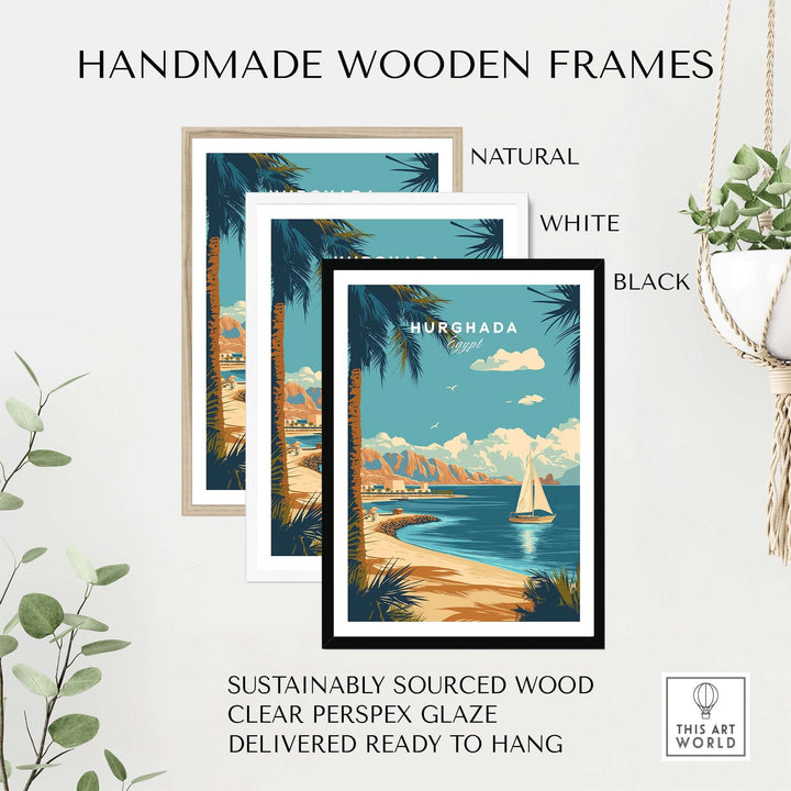 Handmade wooden frames in natural, white, and black for Hurghada Red Sea beach print, sustainably sourced and ready to hang.