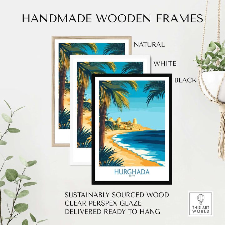 Handmade wooden frames in natural, white, and black for Hurghada wall art, made from sustainably sourced wood.
