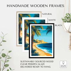 Hurghada Egypt Beach Poster - Red Sea Travel Print displayed in handmade wooden frames in natural, white, and black finishes.