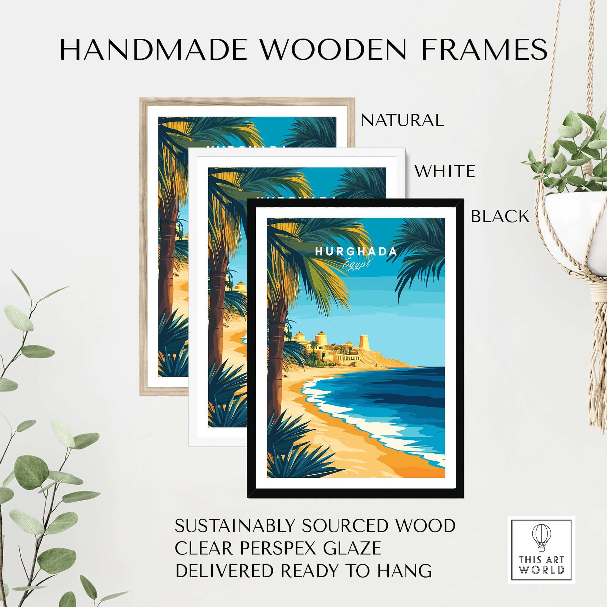 Hurghada Egypt Beach Poster - Red Sea Travel Print displayed in handmade wooden frames in natural, white, and black finishes.