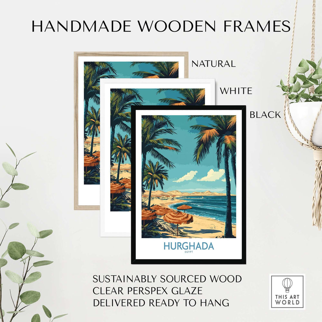 Three handmade wooden frames in natural, white, and black showcasing a Hurghada coastal poster with palm trees.