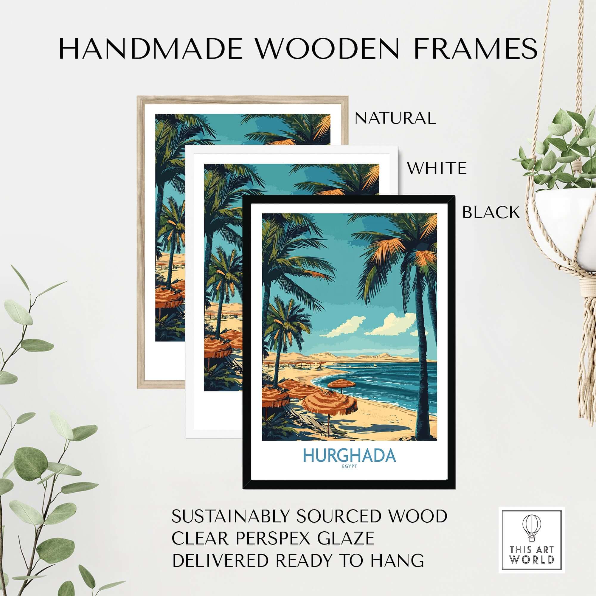 Hurghada Poster Egypt - Egyptian Resort Decor displayed in handmade wooden frames in natural, white, and black colors.