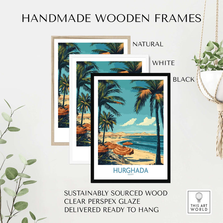 Three handmade wooden frames in natural, white, and black showcasing a Hurghada coastal poster with palm trees.