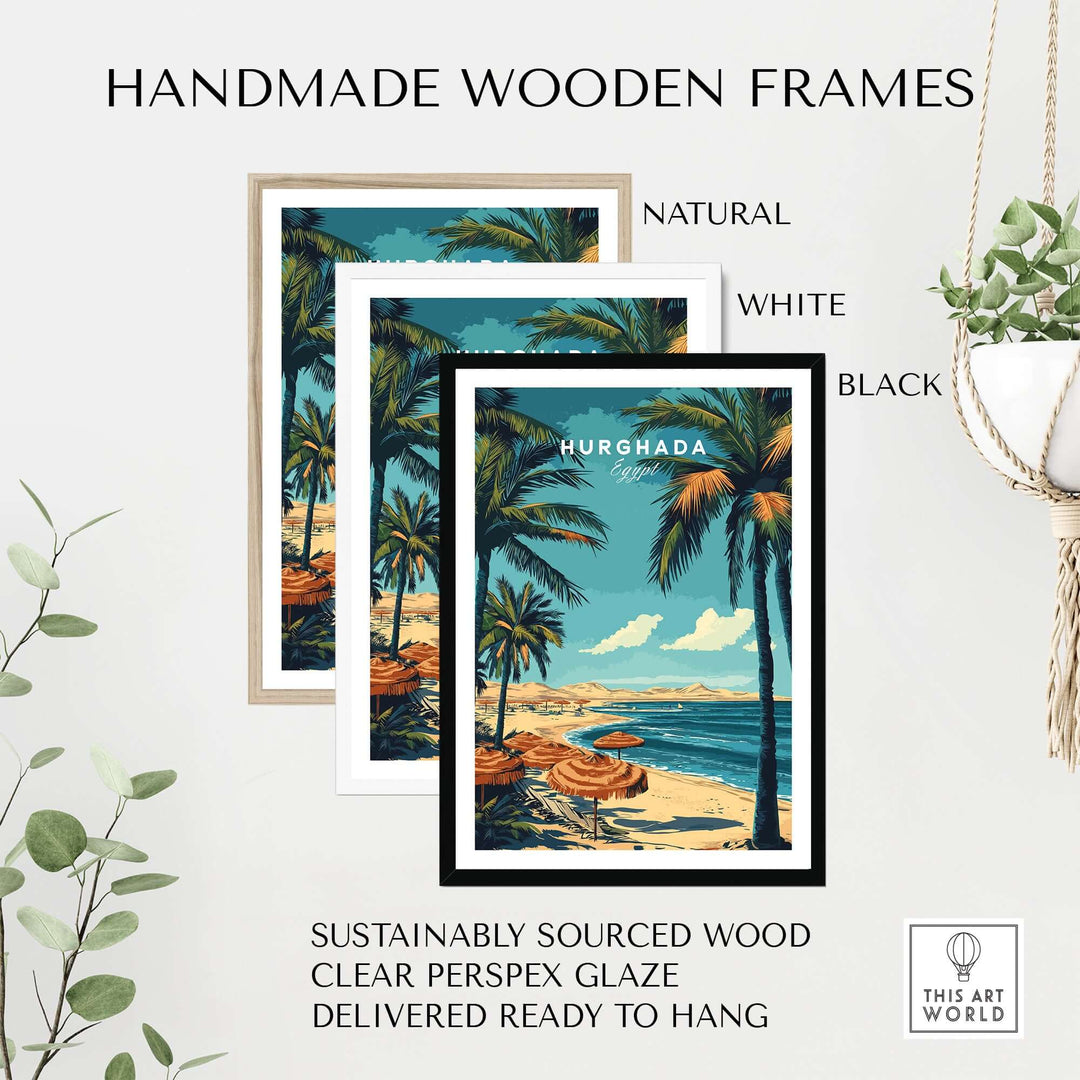 Handmade wooden frames in natural, white, and black, featuring vibrant Hurghada Egypt print, ready to hang.