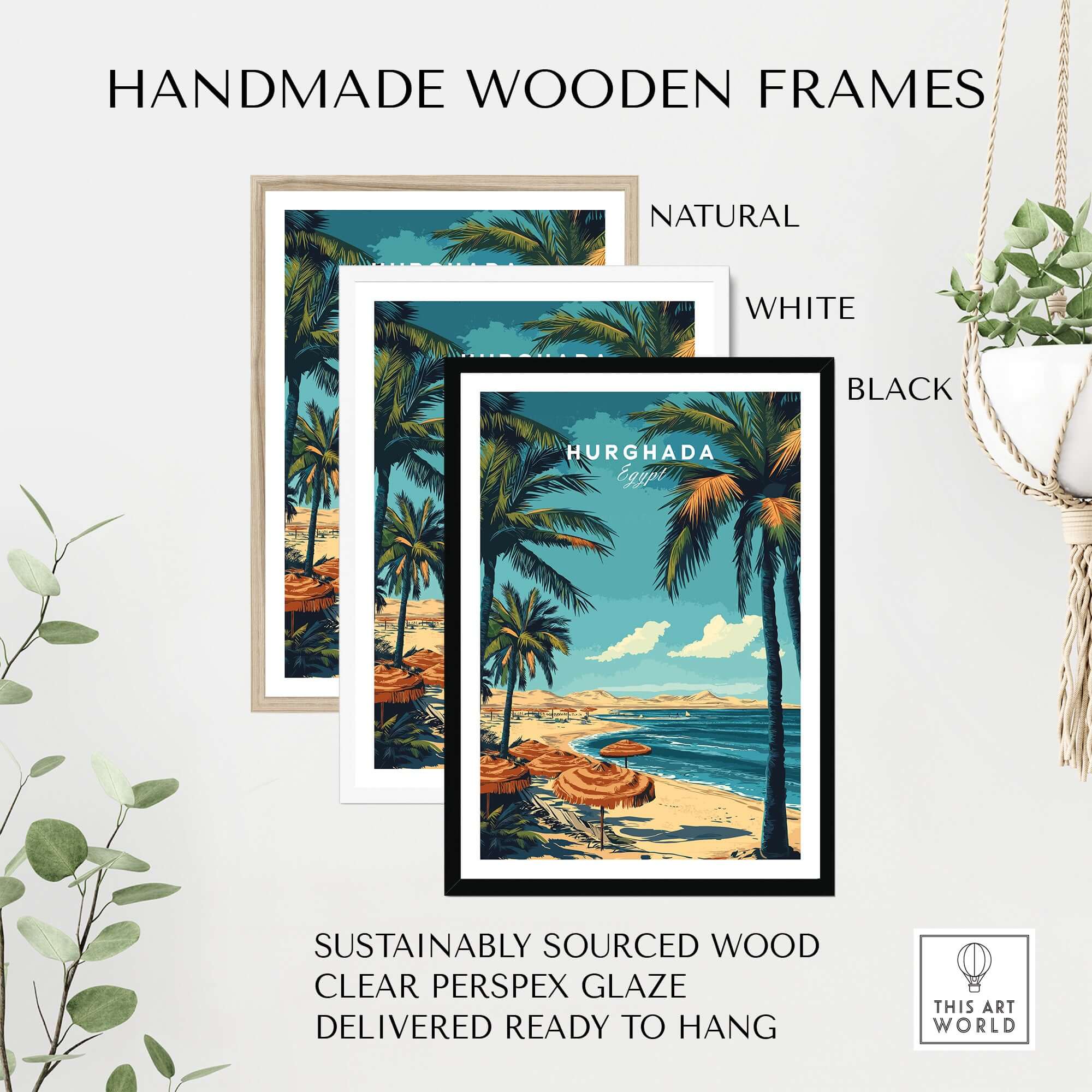 Hurghada Egypt Print - Tropical Vacation Wall Art displayed in three handmade wooden frames.