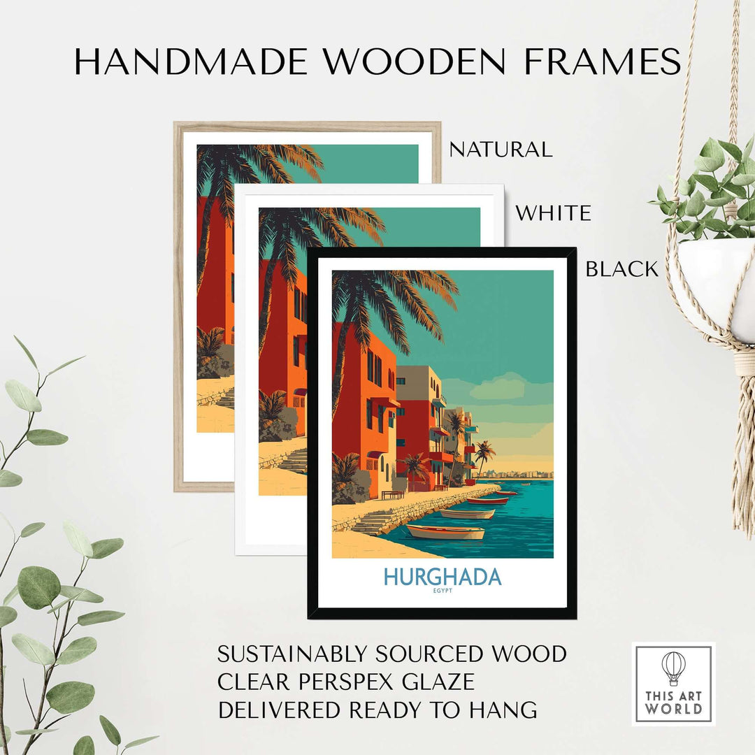 Three handmade wooden frames in natural, white, and black, showcasing a Hurghada Egypt travel print.