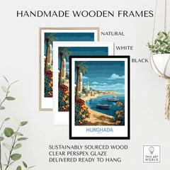 Hurghada Poster Egypt Art Print framed in natural, white, and black handmade wooden frames with a tropical beach scene.