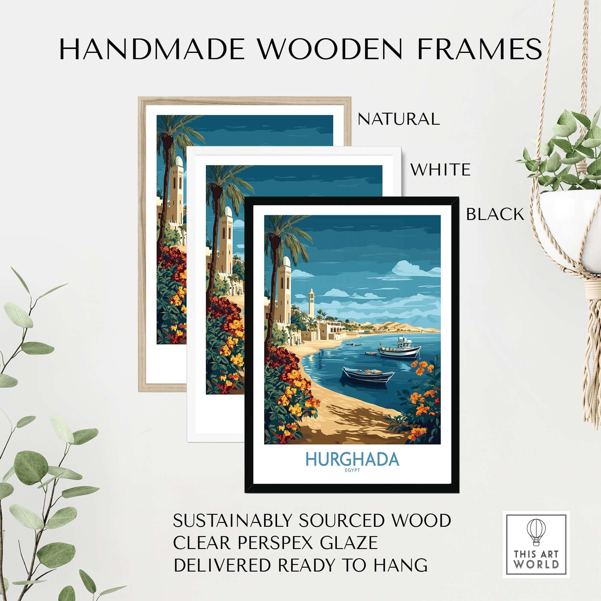 Hurghada Poster Egypt Art Print framed in natural, white, and black handmade wooden frames with a tropical beach scene.