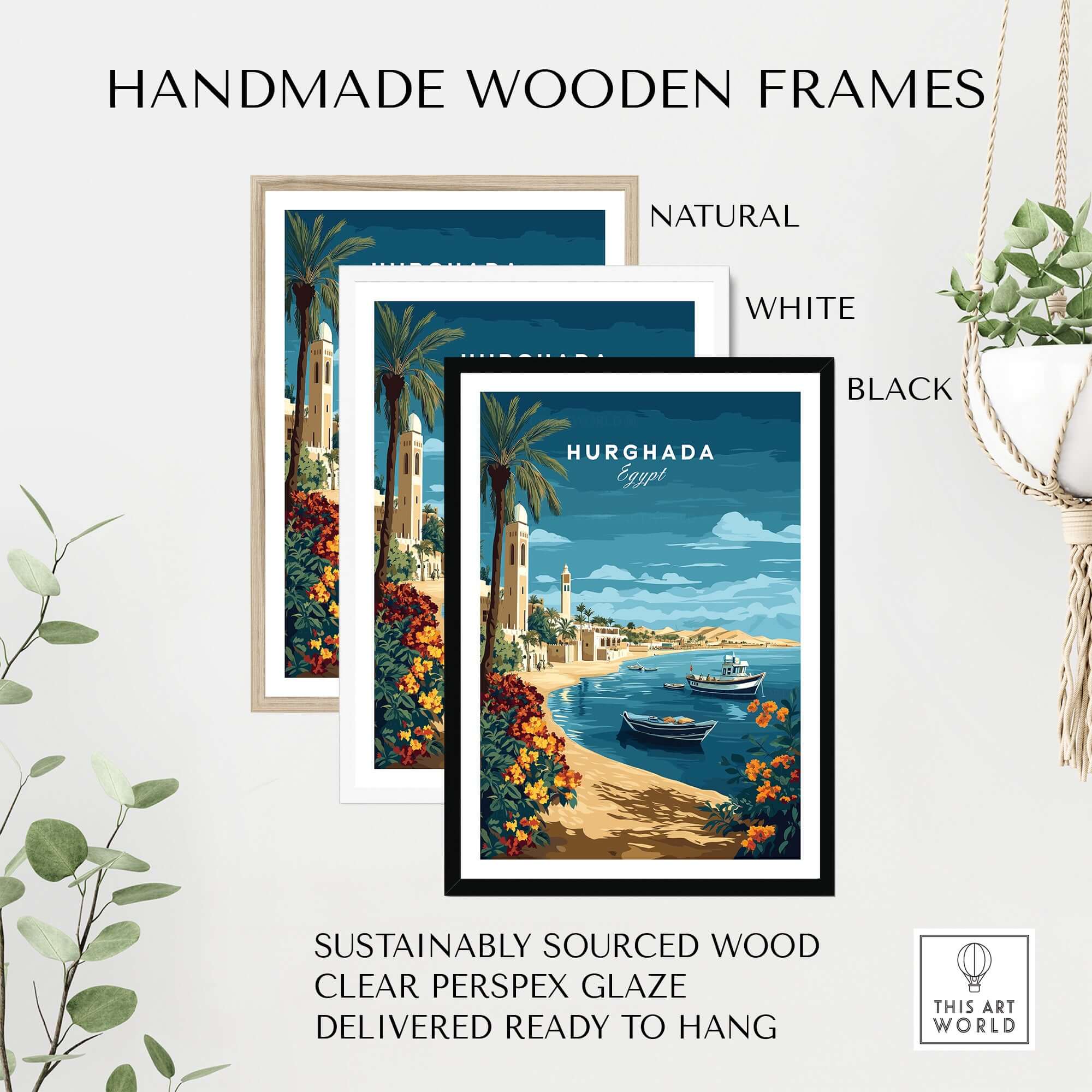Handmade wooden frames for Hurghada Print Egypt - Red Sea Travel Wall Art, available in natural, white, and black.
