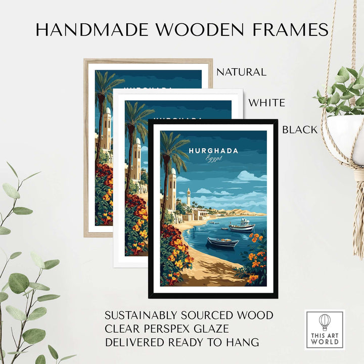 Handmade wooden frames in natural, white, and black styles for Hurghada print, made from sustainable wood and ready to hang.